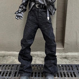 American-style Raw-edge Slim-fit Pleated Slightly Flared Denim Jeans