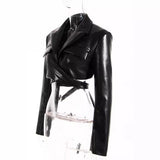Full Open Cross Lace-up Waist-controlled Chest-flattering Long Sleeve PU Leather Short Coat