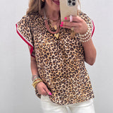 Womens Fashion Leopard-Print Ruffle-Trim Loose Chiffon Blouse