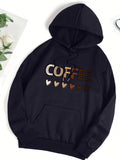 Casual Hooded Sweatshirt With Coffee-themed Lettering Print