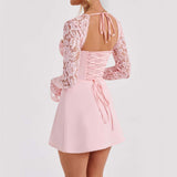 Y2K  Lace Long Sleeve Dress Fashion Sexy Corset Backless Lace Up Short Dresses Womens Clothing