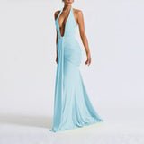 Solid Color Elegant Halter Deep V Waist-slimming Long Dress