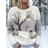 New Flannel Printed Christmas Sweet Crew-Neck Top With Snowman Design