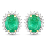 2.66 Carat Genuine Zambian Emerald and White Diamond 14K Yellow Gold Earrings