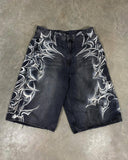 Retro Loose-fit Printed Denim Shorts