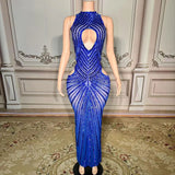 Womens Sexy Mesh Hollow-Out Nightclub Stage Dress Performance Outfit Evening Gown