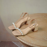 Fairy Style Pearl Women's Sandals with Thick Square Heel