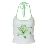 Printed Halterneck Lace-Up Ultra-Cropped Midriff-Baring Tank Top
