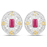 0.77 Carat Genuine Ruby and White Diamond .925 Sterling Silver Earrings