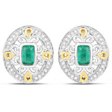 0.69 Carat Genuine Zambian Emerald and White Diamond .925 Sterling Silver Earrings