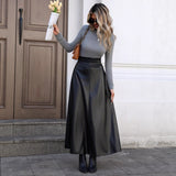 Slimming Hip-covering Mid-length A-line PU Leather Skirt With A Flared Hem