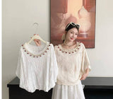 Womens Fashion Embroidered Hollow Lace Short-Sleeve Shirt