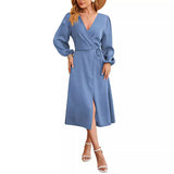 New Satin Solid-color V-neck Skirt With A Slitsexy Dress