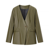 Women's Long-sleeved V-neck Leather Jacket