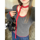 Spicy Girl-style Contrast-color Snood With Striped Long Sleeves For Layering