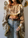 Women's Ethnic Style Printed Loose Long-sleeve Short Crop Top