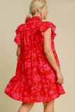 Umgee Full Size Two Tone Floral Print Ruffle Cap Sleeve Mini Dress Plus Size