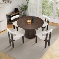 (1 Table with 4 Chairs)Wooden Dining Table Set, Modern Round MDF Kitchen Table and Boucle Upholstered Dining Chairs for Dining Room, Kitchen, Saving Space, Brown