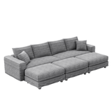 104.3 ' Plush Corduroy 4-Seat Sofa, Modern Comfy Upholstered Sofa Cloud Couch, Deep Seat Couches with Soft Pillows and 3 Ottomans, Convertible Sofa Lounge Chair, for Living Room,Apartment,Office,Grey