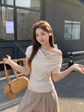 Korean Style Lace Stitching Swing Collar Off-shoulder Short Sleeve T-shirt