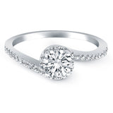 14k White Gold Bypass Swirl Diamond Halo Engagement Ring