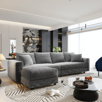 104.3 ' Plush Corduroy 4-Seat Sofa, Modern Comfy Upholstered Sofa Cloud Couch, Deep Seat Couches with Soft Pillows and 2 Ottomans, Convertible Sofa Lounge Chair, for Living Room,Apartment,Office,Grey