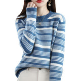 Versatile Loose-fitting Round-neck Striped Knit Top For Fallwinterstylish And Perfect As A Base Layer
