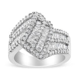 14K White Gold 1-1/2 Cttw Round and Baguette Diamond Bypass Cocktail Ring Band (H-I Color, SI1-SI2 Clarity) - Size 7
