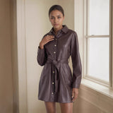 Belted Long-sleeve Leather Trench Fashionable Women's Coat