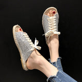 Sequin Lace-Up Flat Sandals with Straw Fisherman Sole