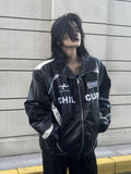 Loose American Couple Embroidered Motorcycle PU Jacket