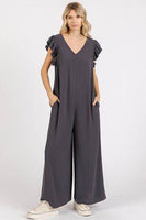Mittoshop V-Neck Ruffled Jumpsuit with Cap Sleeves and Wide Leg Design