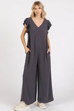 Mittoshop V-Neck Ruffled Jumpsuit with Cap Sleeves and Wide Leg Design