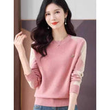 Womens Casual Outfit Round-neck Color-block Sweater Loose-fitting Cropped Knit Top