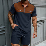 Mens Half-Zip Stand-Neck Short-Sleeve T-Shirt And Shorts Set
