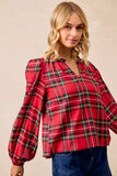 BiBi Christmas Plaid Balloon Sleeves Ruffled V-Neck Top