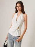 French-style Satin V-neck Slim-fit Sleeveless Blouse With Tie Detailing