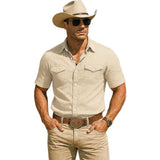 Mens Lapel-Neck Pocket Casual Short-Sleeve Shirt