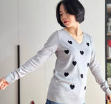 Womens Modal V-Neck Long-Sleeve Heart-Shape Jacquard Pullover Knit Top