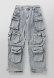 Mens Retro-style Loose-fit Washed Straight-leg Denim Jeans With Multiple Pockets