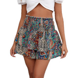 Ethnic-style Printed High-waisted Pleated Wide-leg Shorts