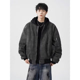 Mens Faux Two-piece Leather Jacket Cotton-padded Flight Jacket