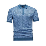 Men's Short Sleeve Knit Polo Shirt, Geometric Interwoven Pattern, Smart Casual, Black & Grey