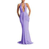 Solid Color Elegant Halter Deep V Waist-slimming Long Dress