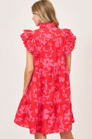 Umgee Full Size Two Tone Floral Print Ruffle Cap Sleeve Mini Dress Plus Size