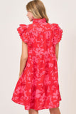 Umgee Full Size Two Tone Floral Print Ruffle Cap Sleeve Mini Dress Plus Size