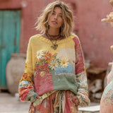 Womens Retro Patchwork Floral Padded Crew-Neck Sweatshirt