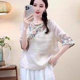 Women's Embroidered Button Cotton-Linen Short-Sleeve ShirtThree-Quarter Sleeve Top
