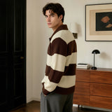 Mens Drop-shoulder Striped Lapel Loose-fit Sweater