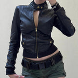 American Street Locomotive Style Waist Trimming Short Stand Collar PU Leather Jacket